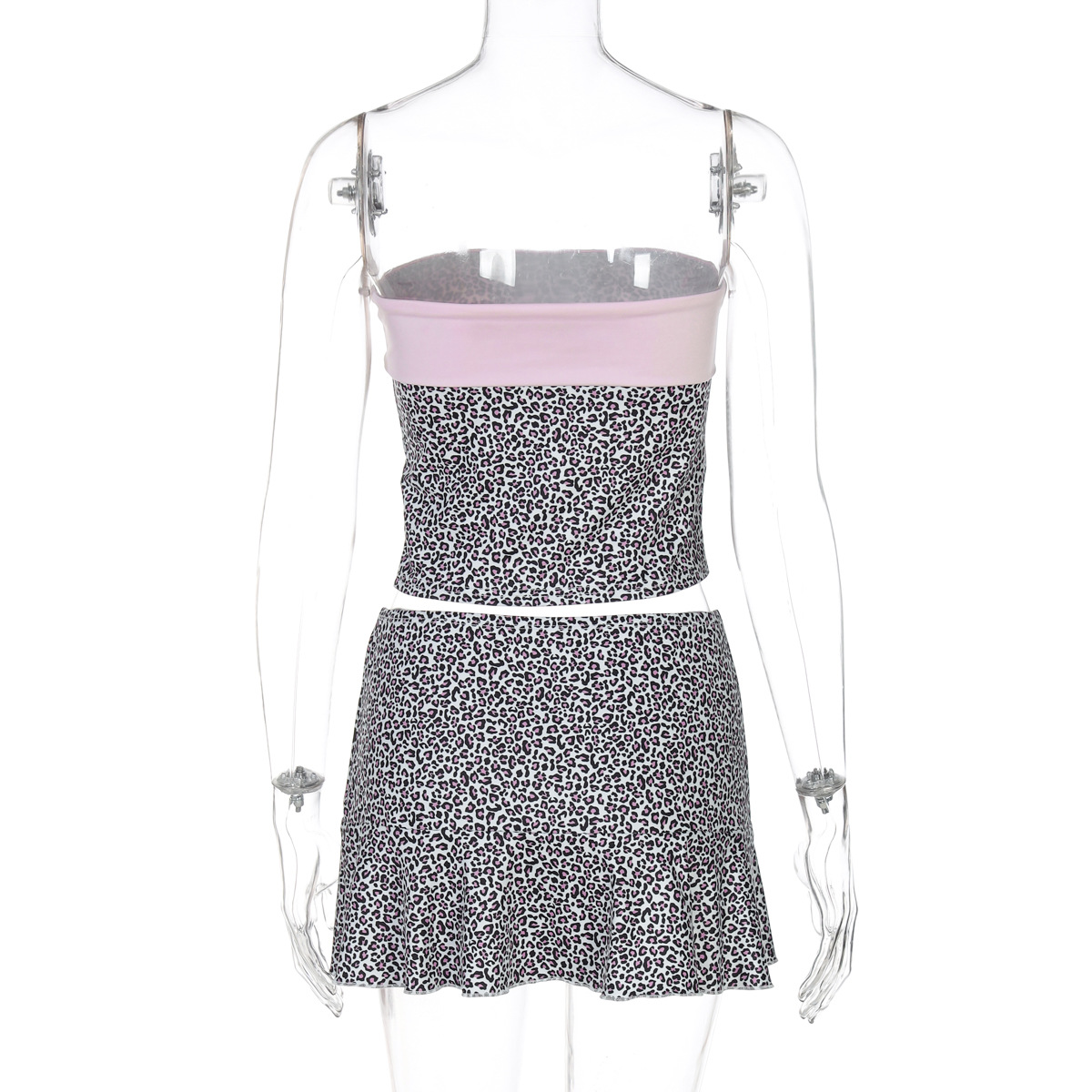 Trendy Leopard Print Collar Crop Top & Bodycon Mini Skirt Set