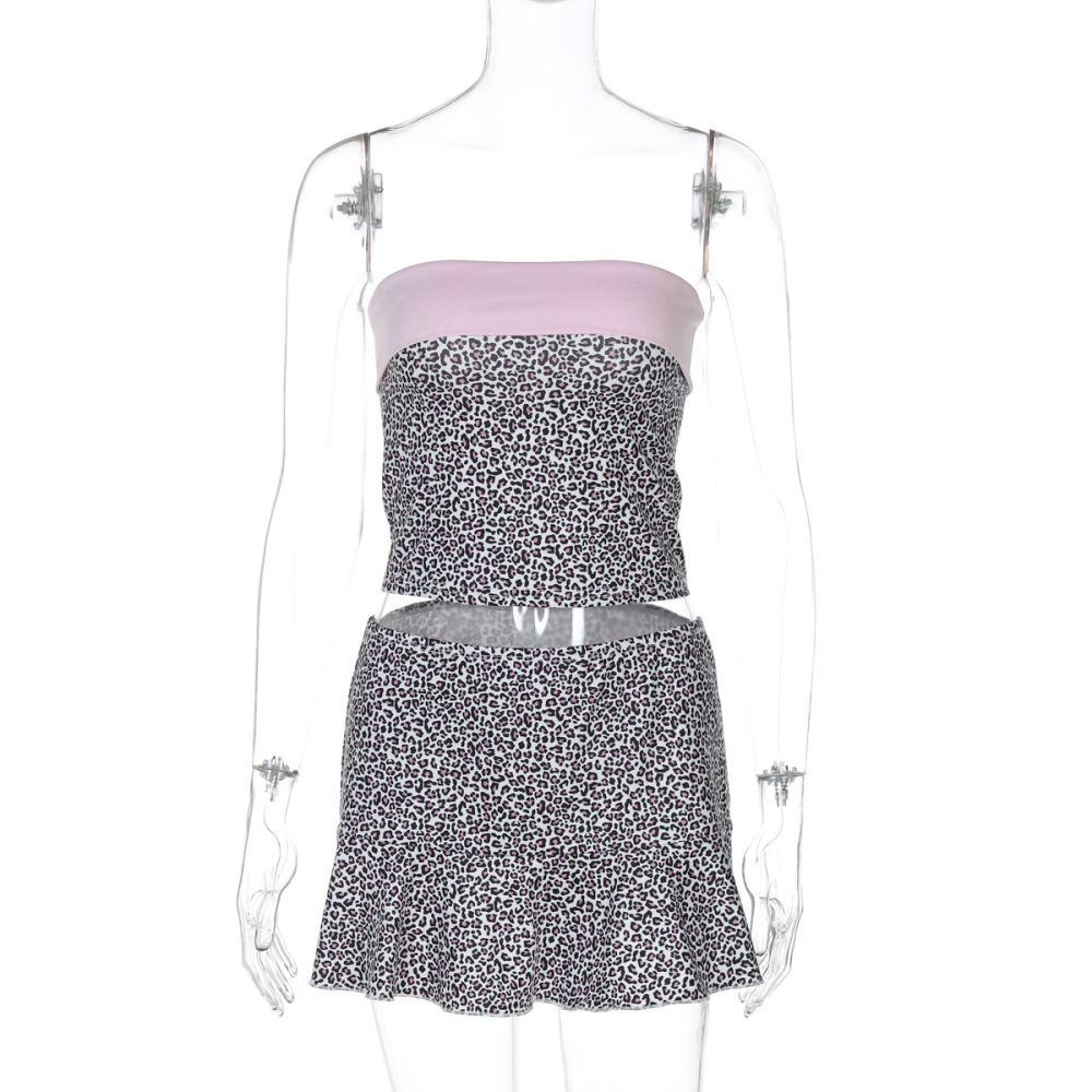 Trendy Leopard Print Collar Crop Top & Bodycon Mini Skirt Set