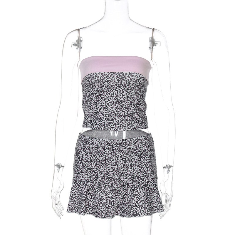 Trendy Leopard Print Collar Crop Top & Bodycon Mini Skirt Set