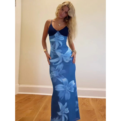 Trendy Printed Mesh V-Neck Contrast Color Bodycon Midi Dress 02
