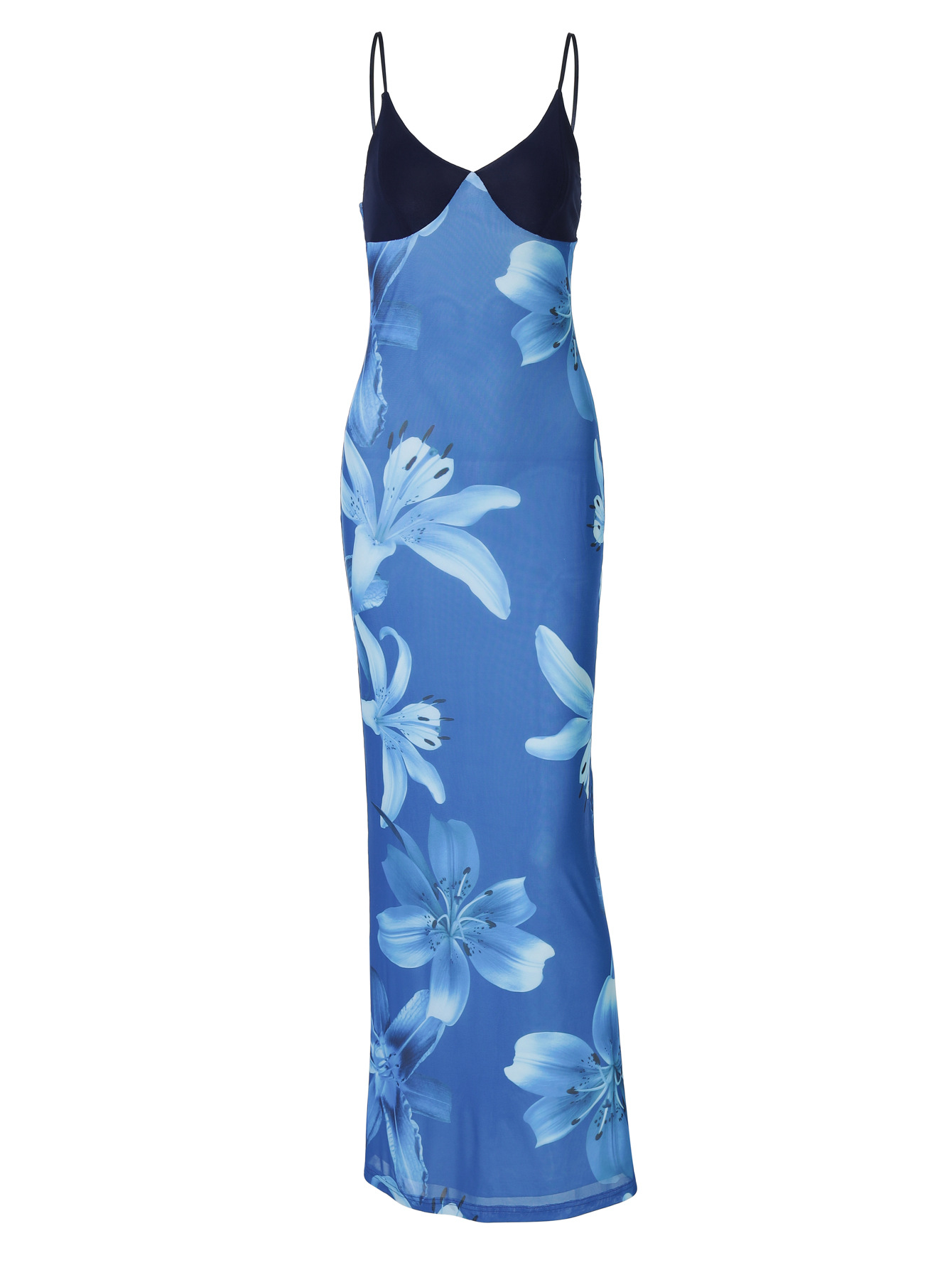 Trendy Printed Mesh V-Neck Contrast Color Bodycon Midi Dress