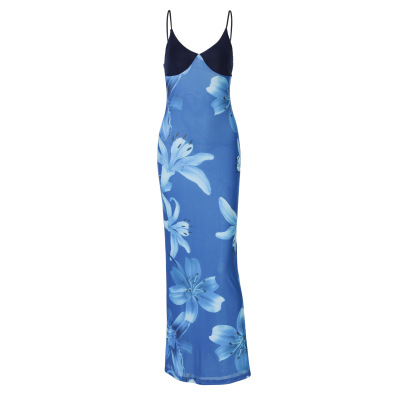 Trendy Printed Mesh V-Neck Contrast Color Bodycon Midi Dress 01