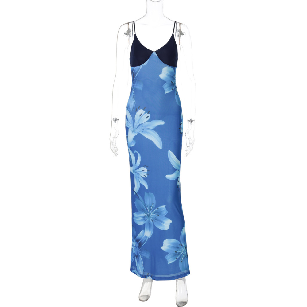 Trendy Printed Mesh V-Neck Contrast Color Bodycon Midi Dress