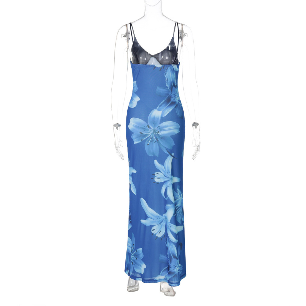 Trendy Printed Mesh V-Neck Contrast Color Bodycon Midi Dress