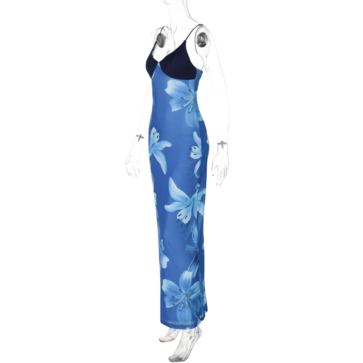 Trendy Printed Mesh V-Neck Contrast Color Bodycon Midi Dress