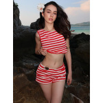 Trendy Striped Color-Block Tank Top and Shorts Set