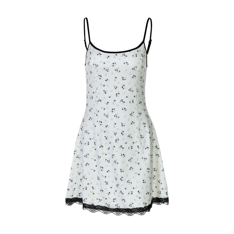2025 New Floral Print Sleeveless Lace-Trim Mini Dress