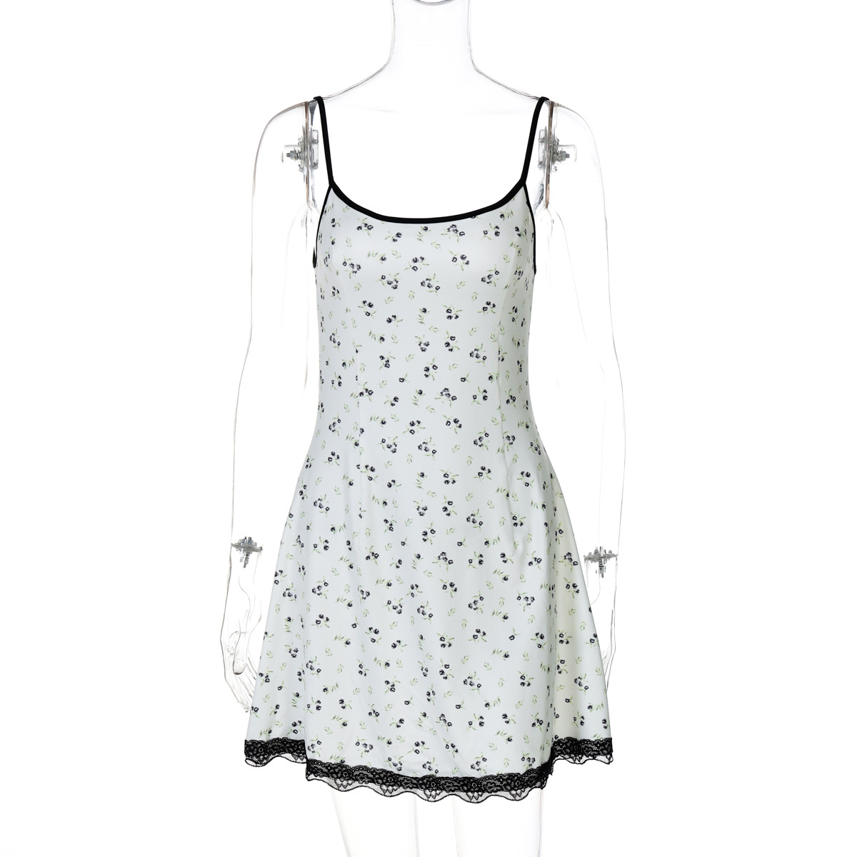 2025 New Floral Print Sleeveless Lace-Trim Mini Dress