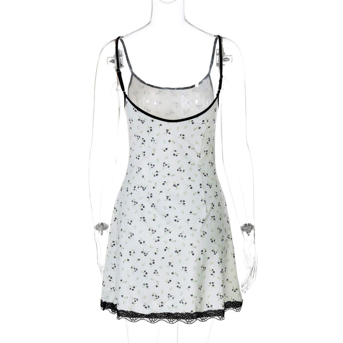 2025 New Floral Print Sleeveless Lace-Trim Mini Dress