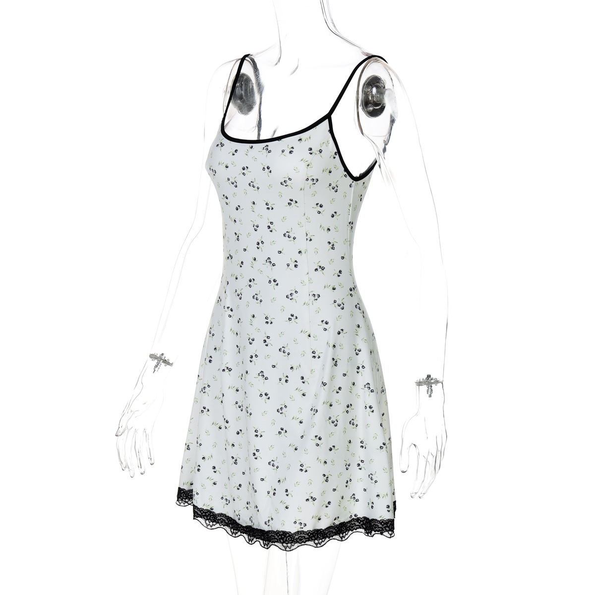 2025 New Floral Print Sleeveless Lace-Trim Mini Dress