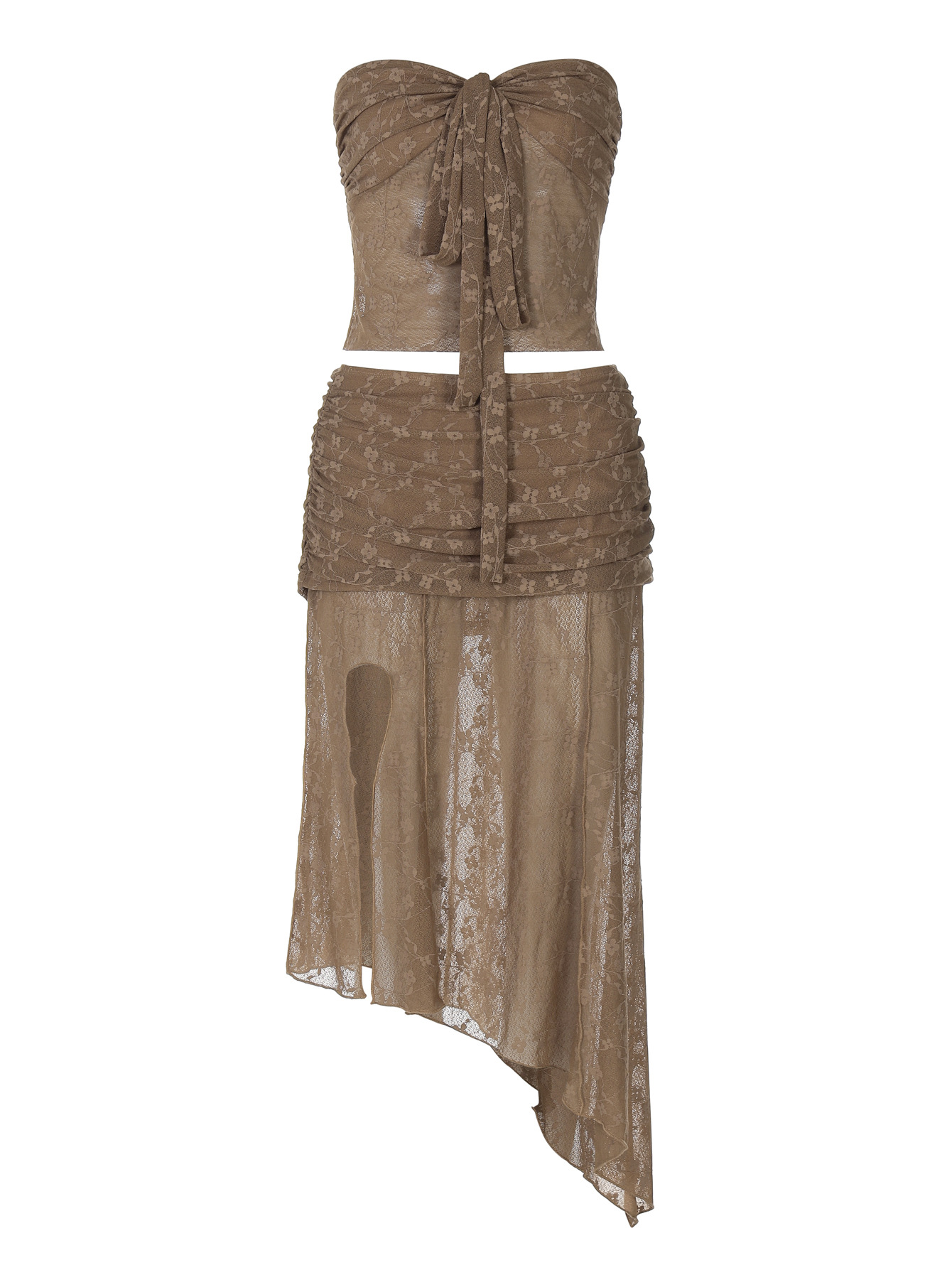  Lace Sheer Tie-Front Bustier Top & Asymmetrical Midi Skirt Set
