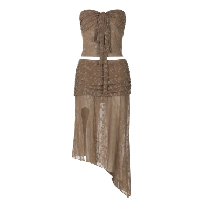  Lace Sheer Tie-Front Bustier Top & Asymmetrical Midi Skirt Set 01