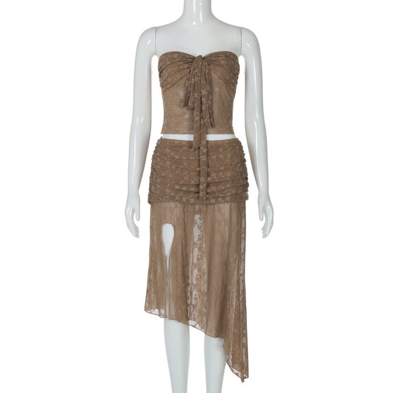  Lace Sheer Tie-Front Bustier Top & Asymmetrical Midi Skirt Set