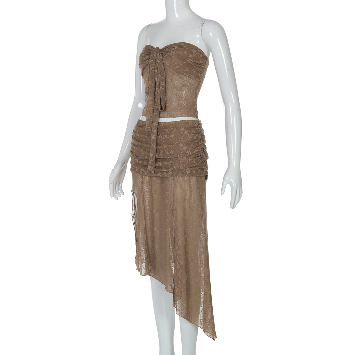  Lace Sheer Tie-Front Bustier Top & Asymmetrical Midi Skirt Set