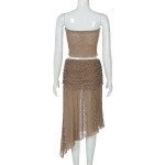  Lace Sheer Tie-Front Bustier Top & Asymmetrical Midi Skirt Set