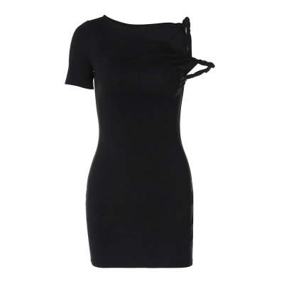 Asymmetrical Twist Knot Tie-Sleeve Fitted Bodycon Mini Dress 01
