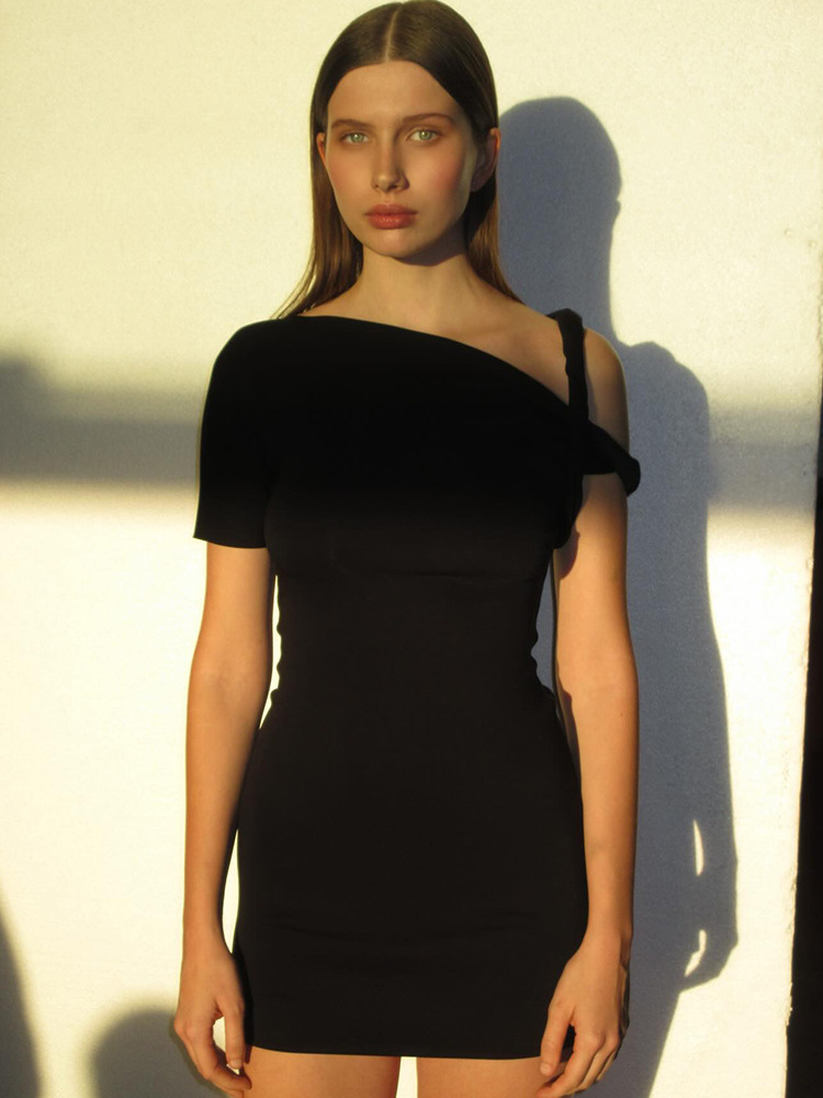 Asymmetrical Twist Knot Tie-Sleeve Fitted Bodycon Mini Dress