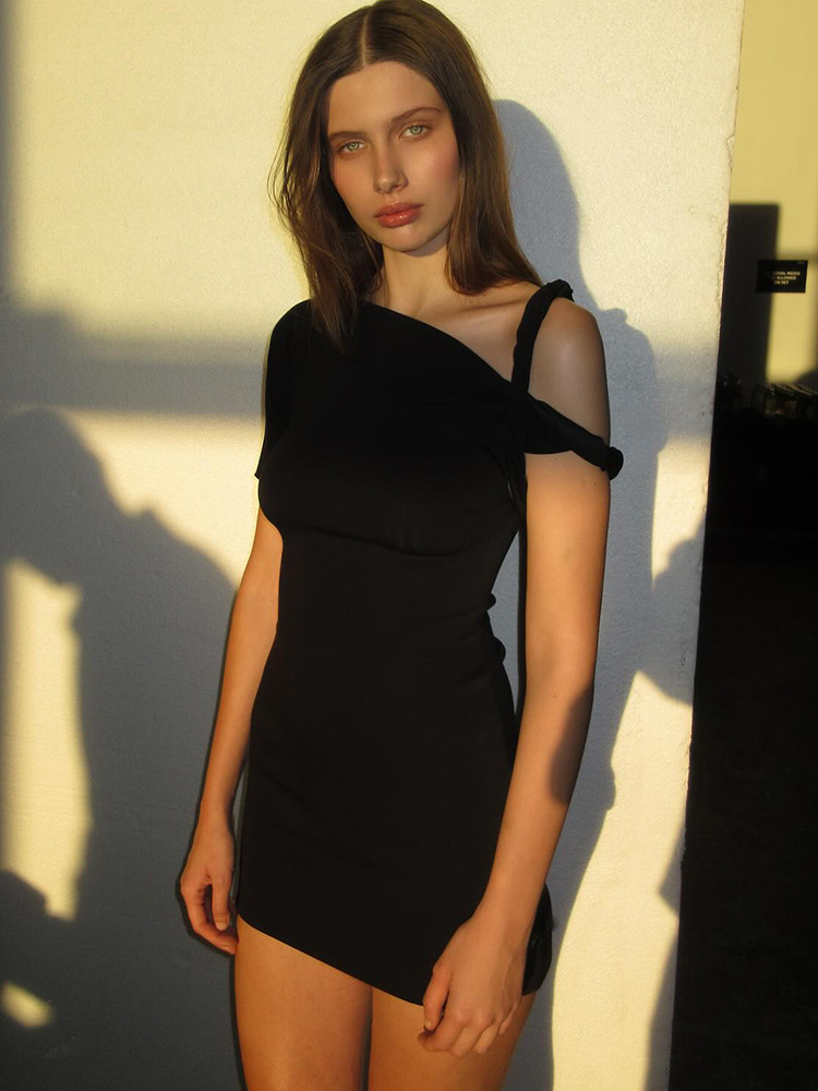 Asymmetrical Twist Knot Tie-Sleeve Fitted Bodycon Mini Dress