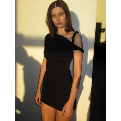 Asymmetrical Twist Knot Tie-Sleeve Fitted Bodycon Mini Dress 02