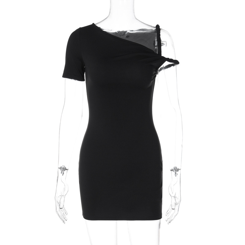 Asymmetrical Twist Knot Tie-Sleeve Fitted Bodycon Mini Dress