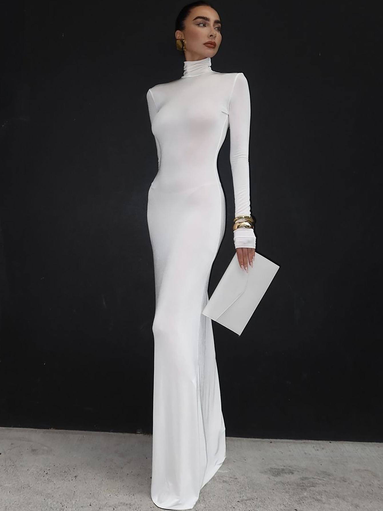 Elegant Solid Color Turtleneck Long Sleeve Bodycon Midi Dress