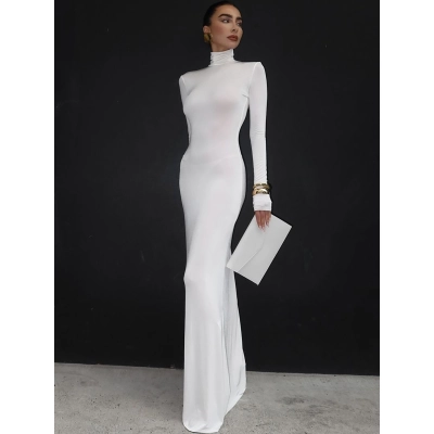 Elegant Solid Color Turtleneck Long Sleeve Bodycon Midi Dress 02