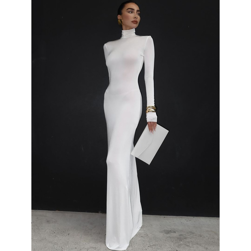 Elegant Solid Color Turtleneck Long Sleeve Bodycon Midi Dress
