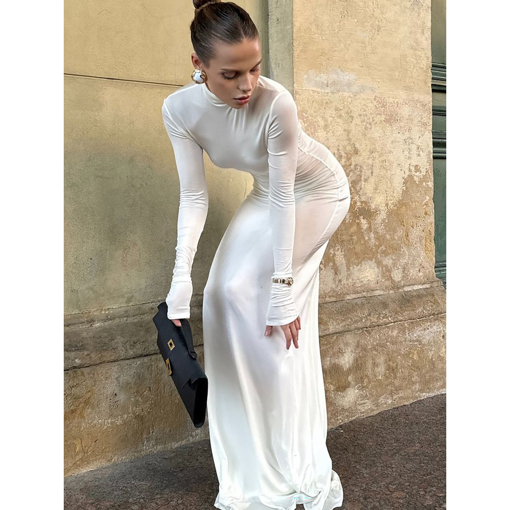 Elegant Solid Color Turtleneck Long Sleeve Bodycon Midi Dress