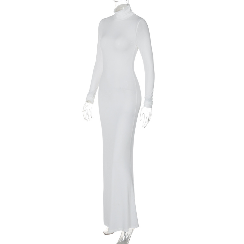 Elegant Solid Color Turtleneck Long Sleeve Bodycon Midi Dress