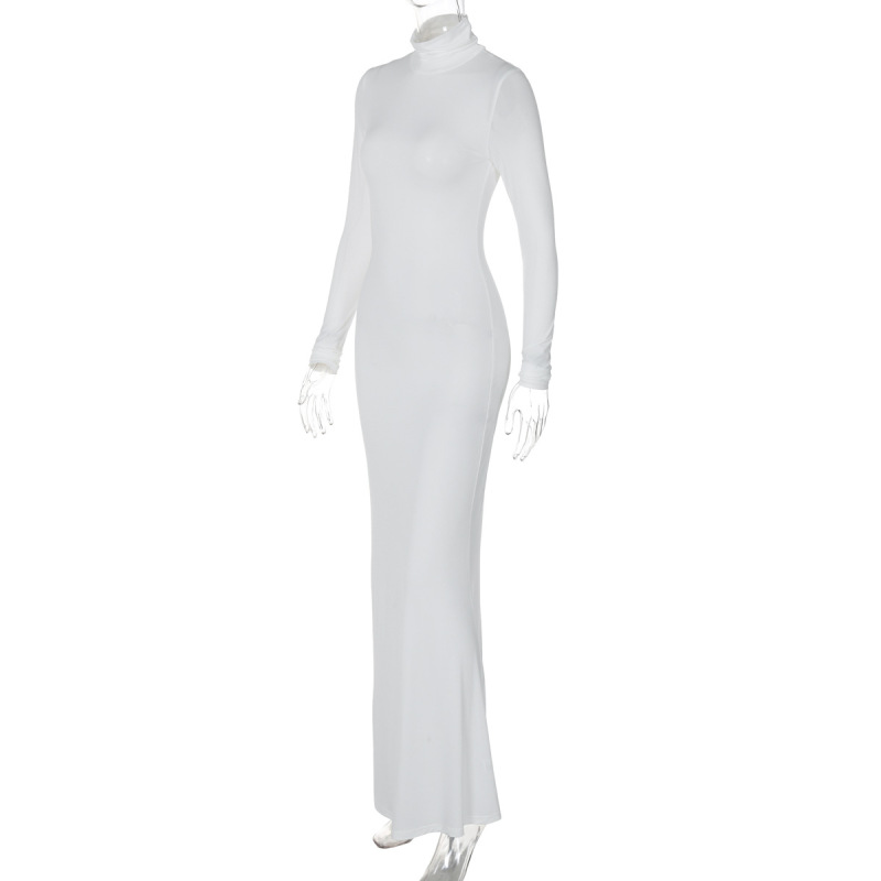 Elegant Solid Color Turtleneck Long Sleeve Bodycon Midi Dress
