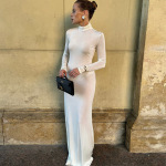 Elegant Solid Color Turtleneck Long Sleeve Bodycon Midi Dress