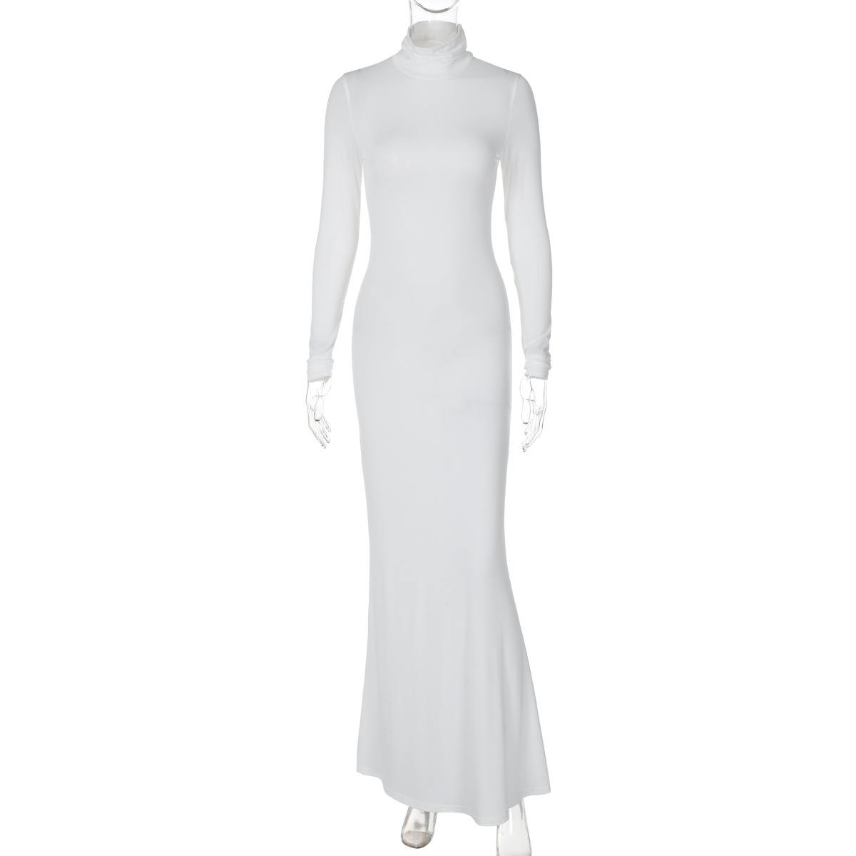 Elegant Solid Color Turtleneck Long Sleeve Bodycon Midi Dress