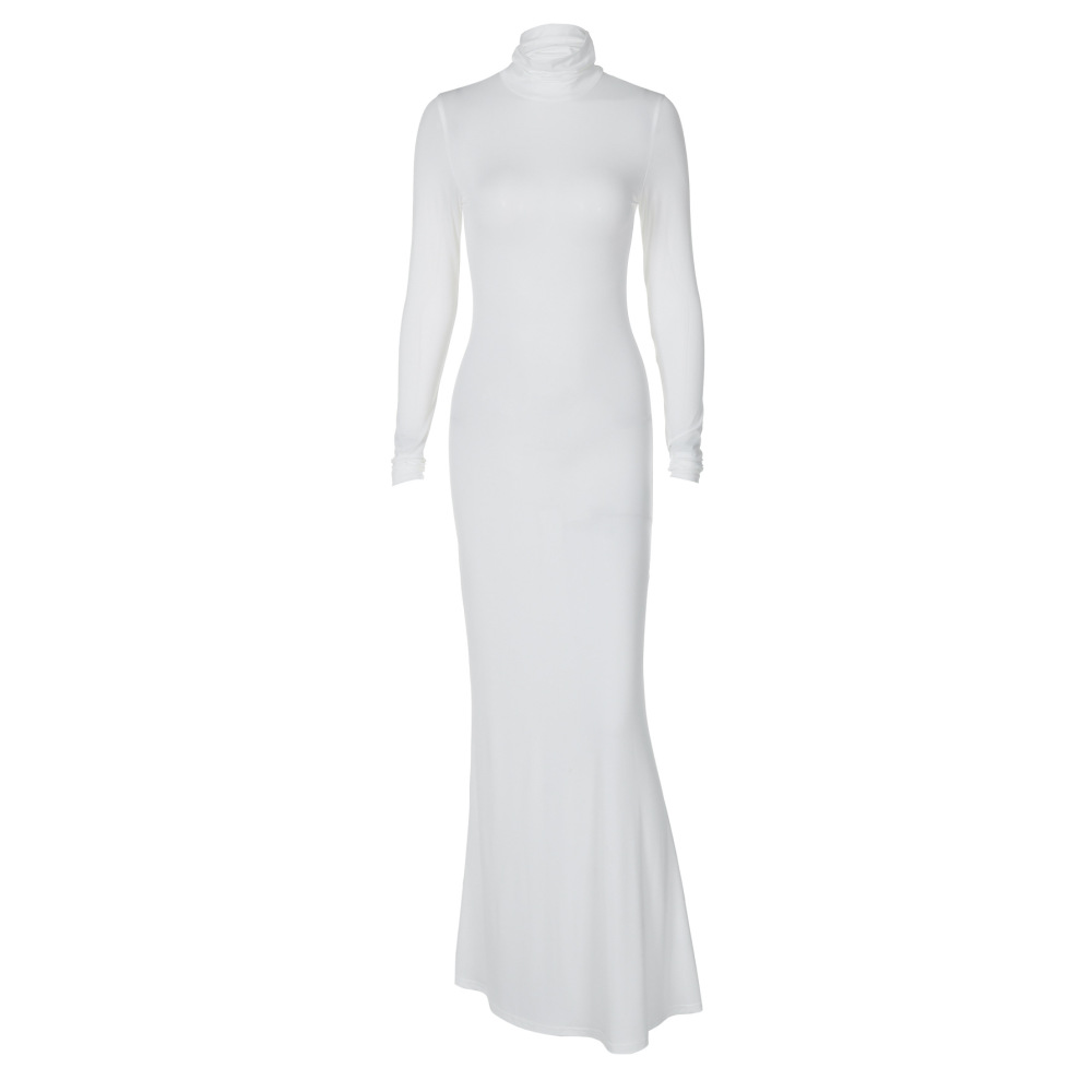 Elegant Solid Color Turtleneck Long Sleeve Bodycon Midi Dress
