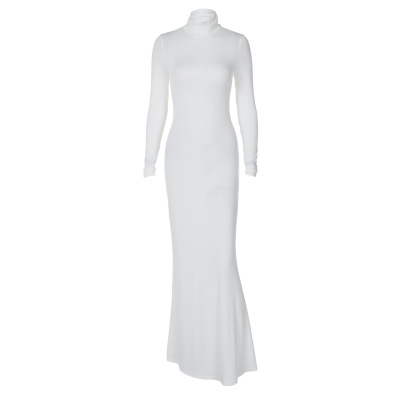 Elegant Solid Color Turtleneck Long Sleeve Bodycon Midi Dress 01