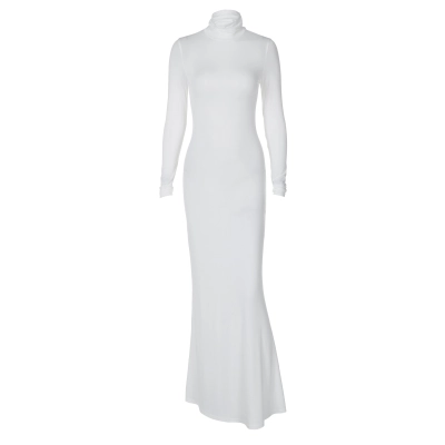 Elegant Solid Color Turtleneck Long Sleeve Bodycon Midi Dress 01