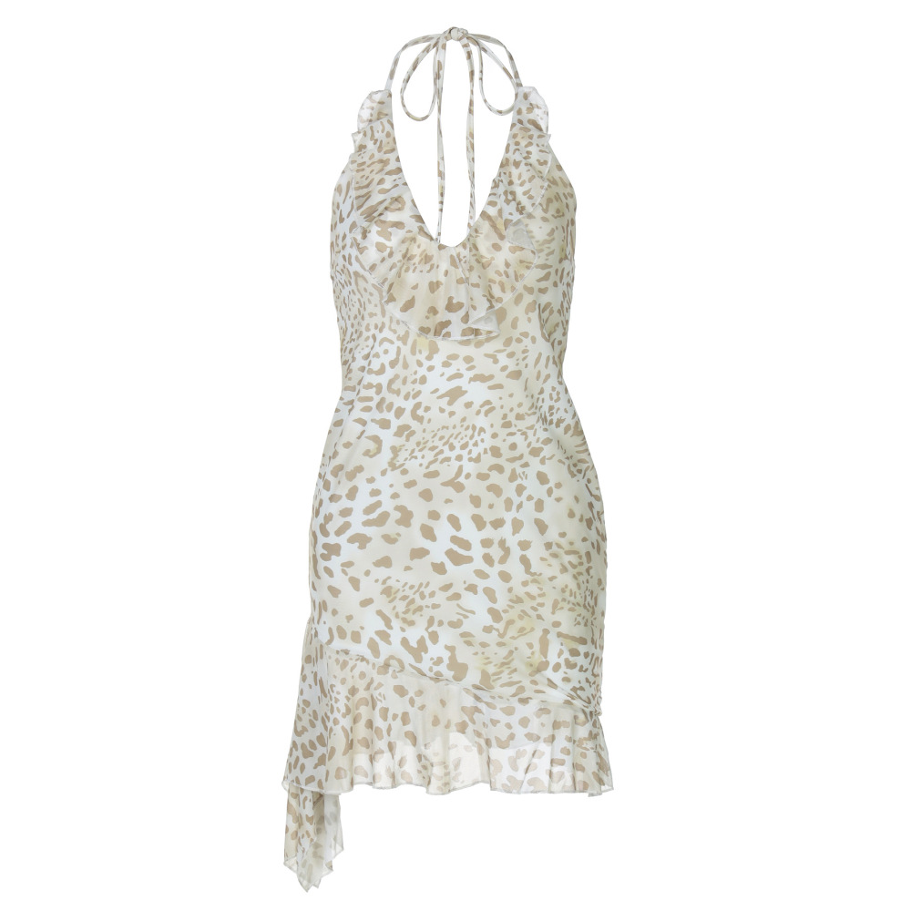 Sexy Animal Print Halter Neck Deep V Ruffle Bodycon Midi Dress