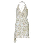 Sexy Animal Print Halter Neck Deep V Ruffle Bodycon Midi Dress