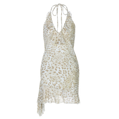 Sexy Animal Print Halter Neck Deep V Ruffle Bodycon Midi Dress 01