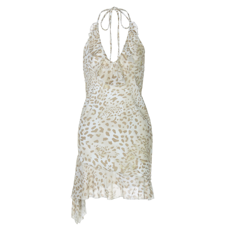 Sexy Animal Print Halter Neck Deep V Ruffle Bodycon Midi Dress