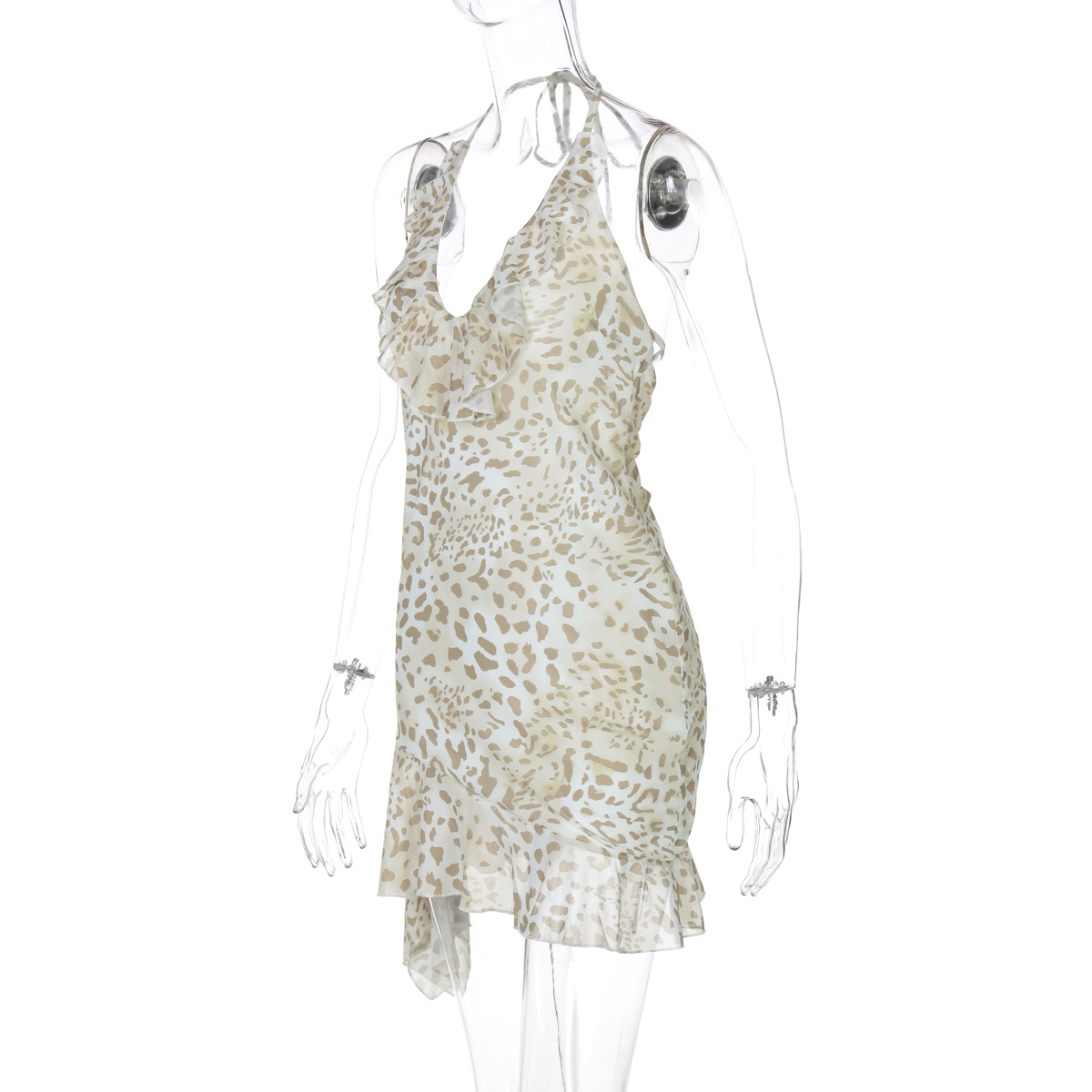 Sexy Animal Print Halter Neck Deep V Ruffle Bodycon Midi Dress