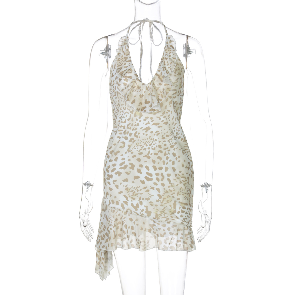 Sexy Animal Print Halter Neck Deep V Ruffle Bodycon Midi Dress