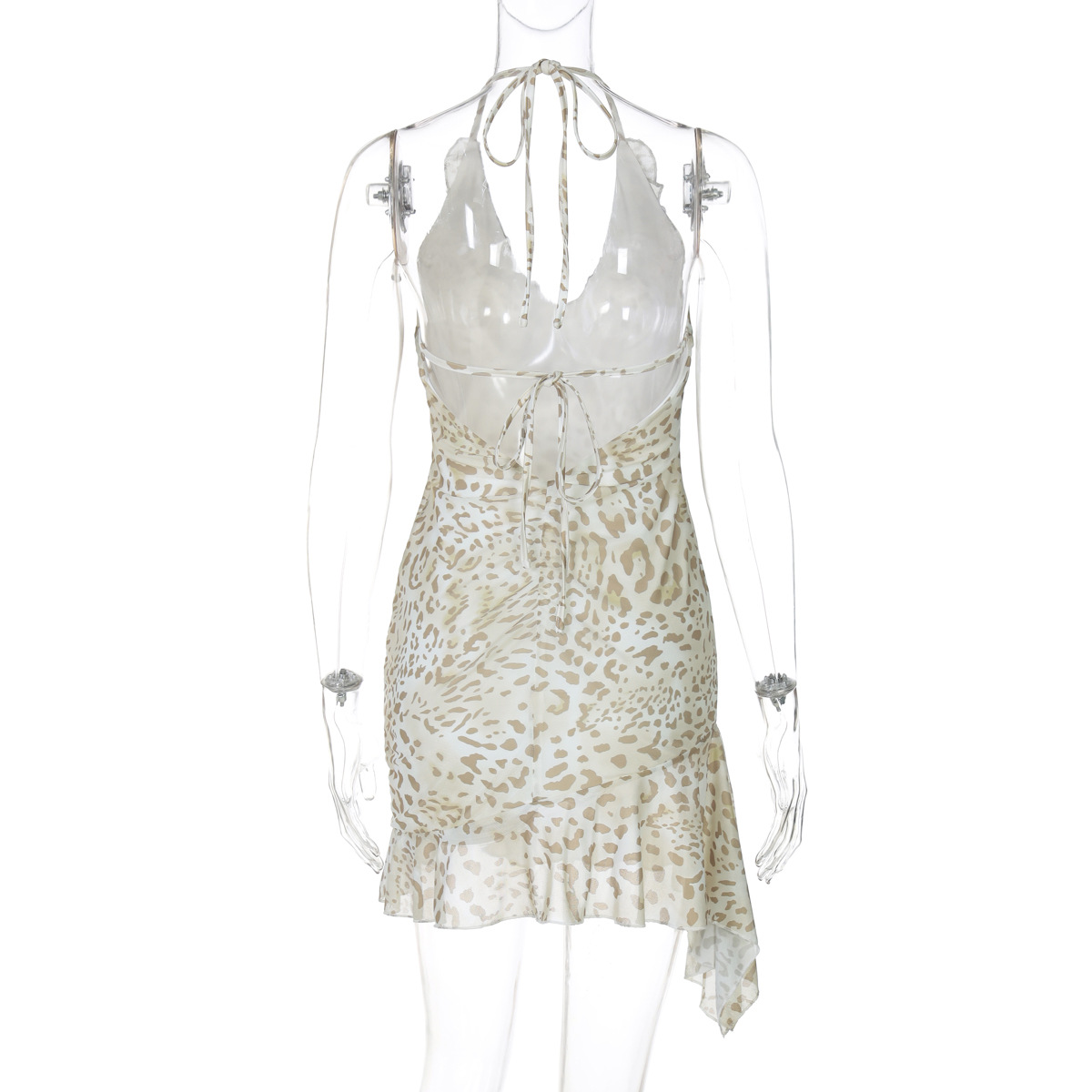 Sexy Animal Print Halter Neck Deep V Ruffle Bodycon Midi Dress