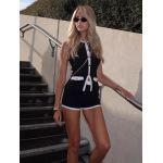 Chic Color-Block Sleeveless Button-Up Cardigan & Fitted Shorts 2-Piece Set