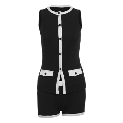 Chic Color-Block Sleeveless Button-Up Cardigan & Fitted Shorts 2-Piece Set 01