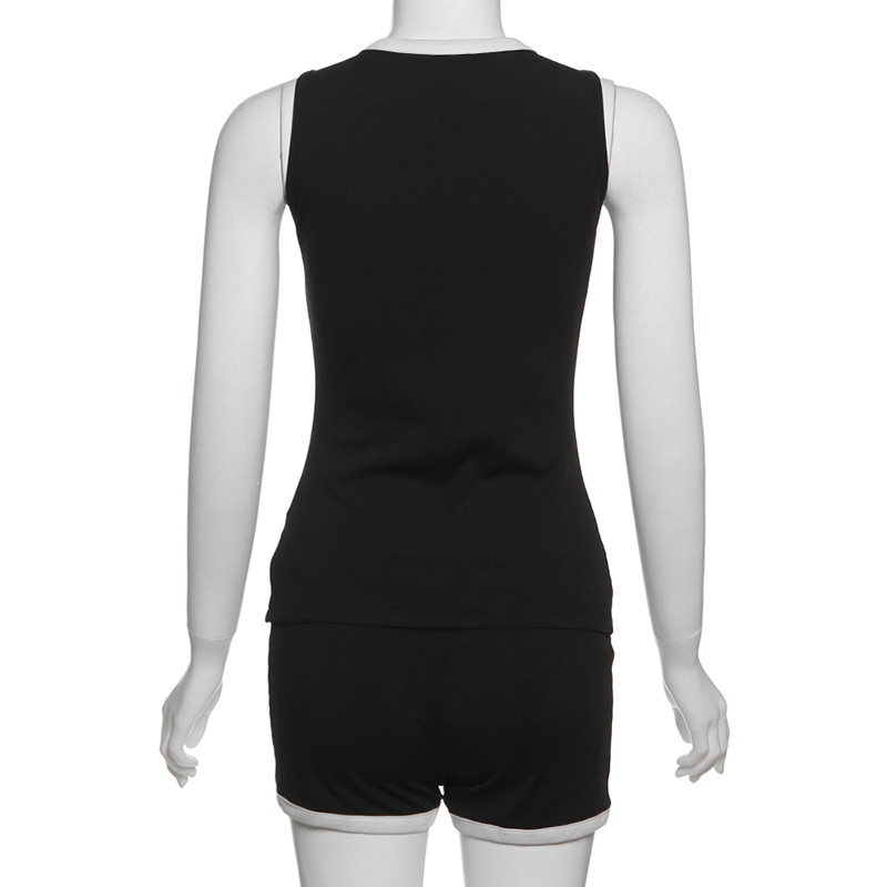 Chic Color-Block Sleeveless Button-Up Cardigan & Fitted Shorts 2-Piece Set