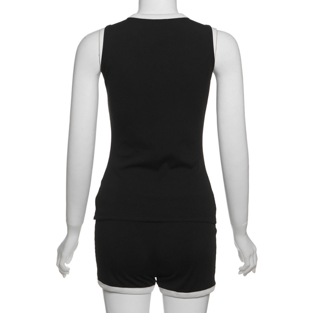 Chic Color-Block Sleeveless Button-Up Cardigan & Fitted Shorts 2-Piece Set