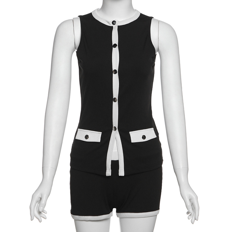 Chic Color-Block Sleeveless Button-Up Cardigan & Fitted Shorts 2-Piece Set