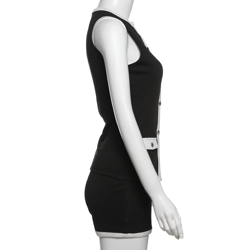 Chic Color-Block Sleeveless Button-Up Cardigan & Fitted Shorts 2-Piece Set