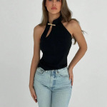 Chic Mandarin Collar Frog Button Solid Color Fitted Sleeveless Tank Top