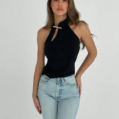 Chic Mandarin Collar Frog Button Solid Color Fitted Sleeveless Tank Top 02